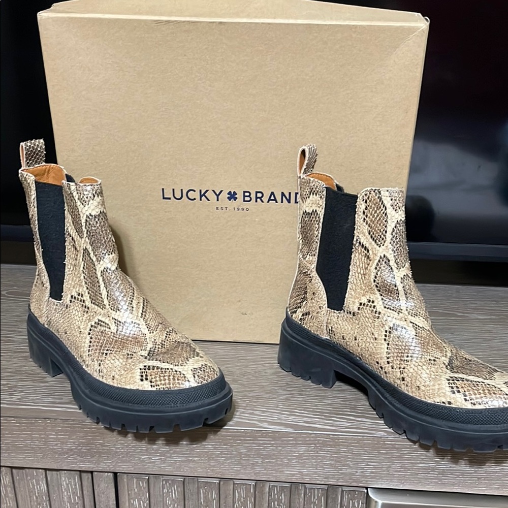 Lucky Brand Beige Snake Pattern Ankle Boots